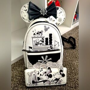 Steamboat Willie Loungefly Mini backpack, matching wallet and Mickey Ears.